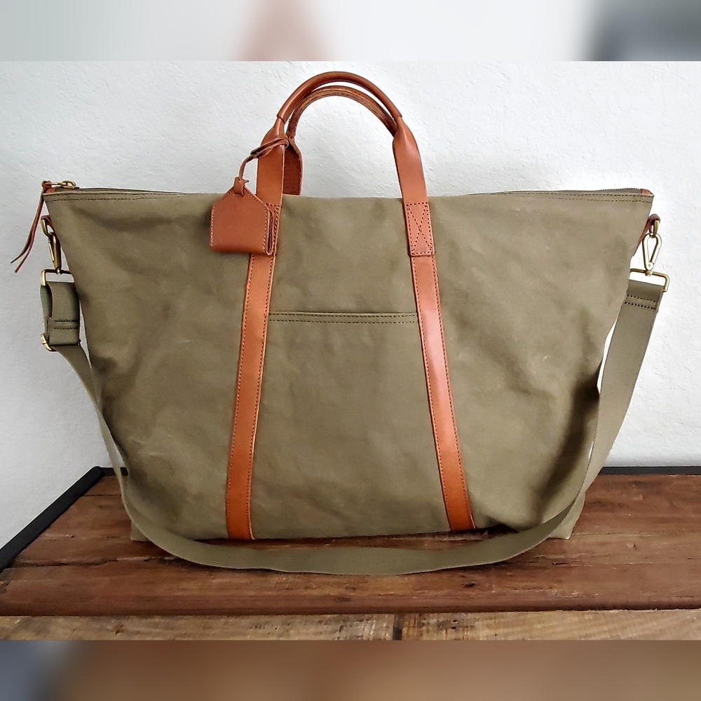 Madewell Essential Weekender Washed Canvas Bag, Army Gr./Brown Leather, EUC - Picture 3 of 15